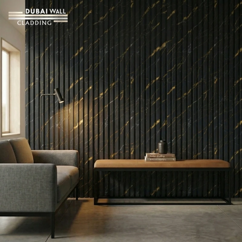 Close up macro detail of glossy black gold marble PVC cladding piece