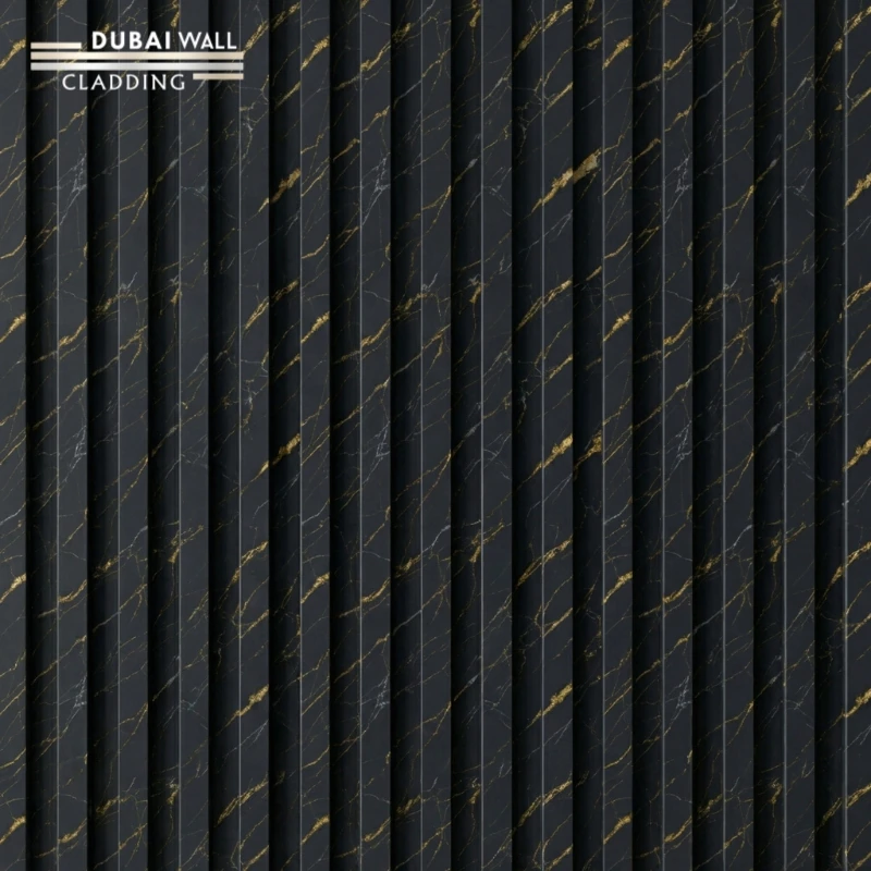 Close up macro detail of glossy black gold marble PVC cladding piece