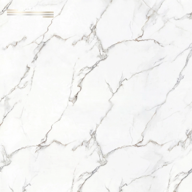 Close up macro detail of glossy calacatta marble PVC cladding piece