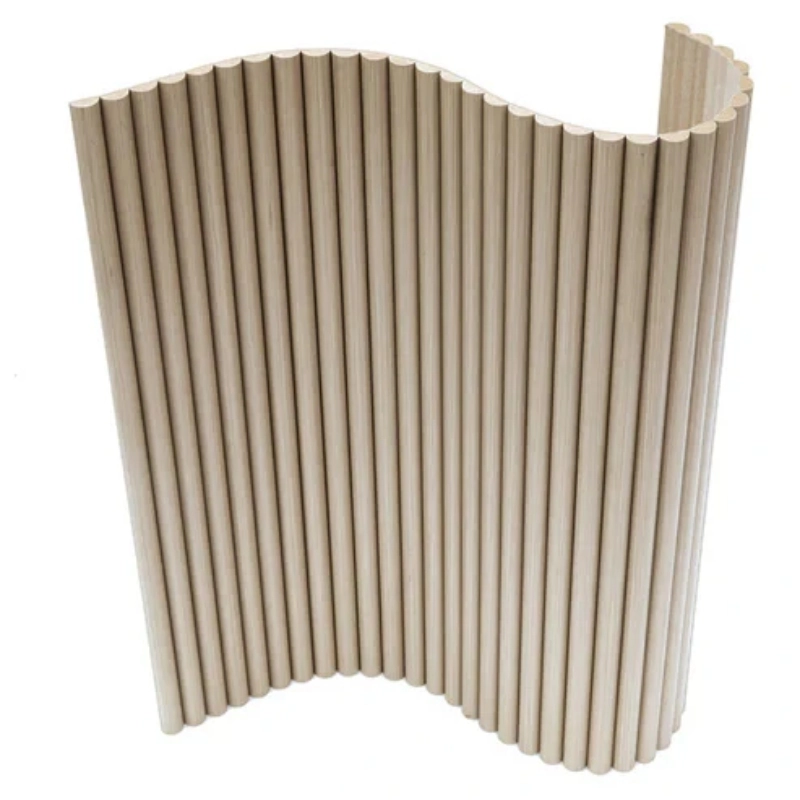 Flexible curved Oak Wood fluted PVC cladding panel demonstrating bend capability for pillars