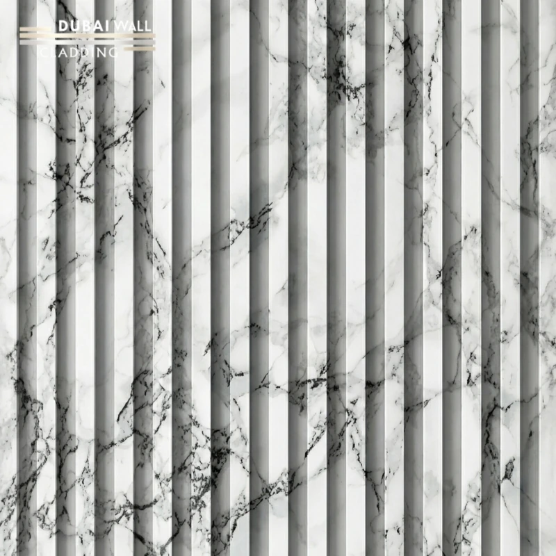 Close up macro detail of glossy white marble PVC cladding piece