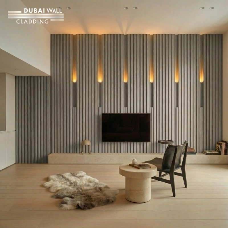 Modern minimalist bedroom featuring light ash wood PVC cladding on the wall