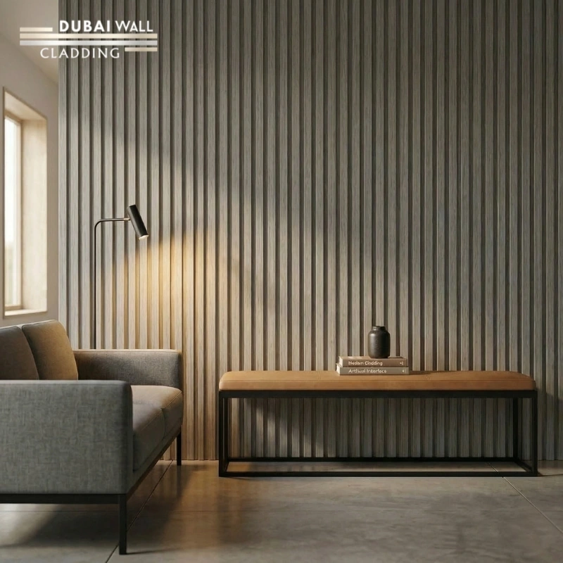 Front view of bright light ash wood PVC cladding for modern homes