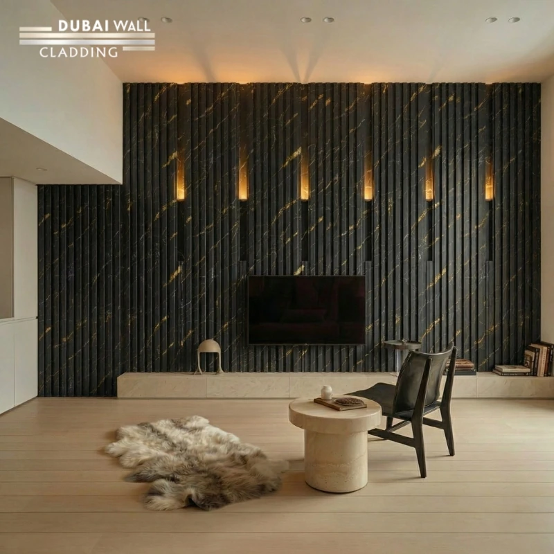 Modern luxury bedroom featuring black gold marble PVC cladding on the feature wall