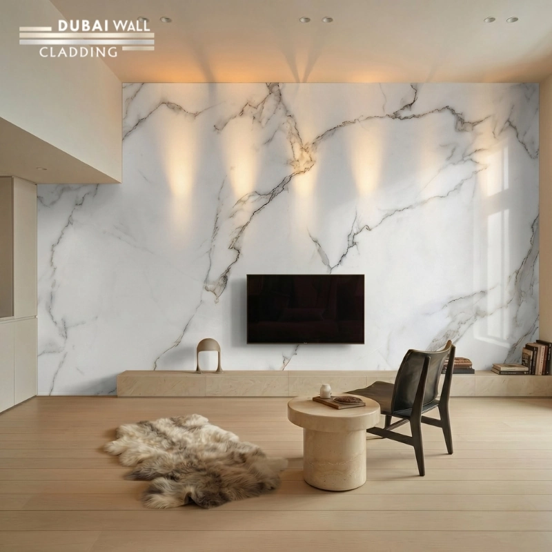 Modern VIP living room featuring calacatta marble PVC cladding on the feature wall