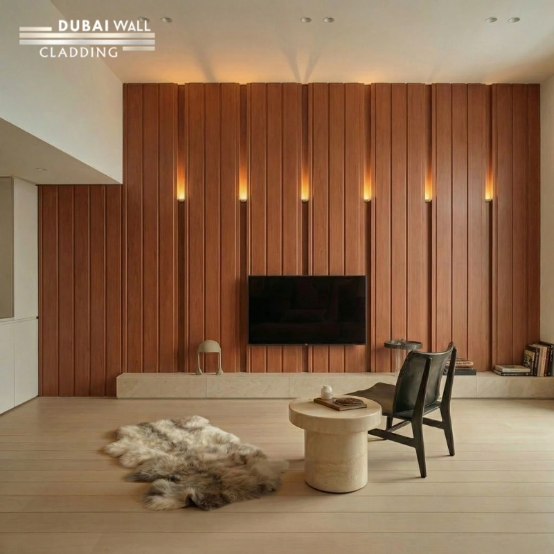 Executive home office featuring dark mahogany PVC cladding on the wall