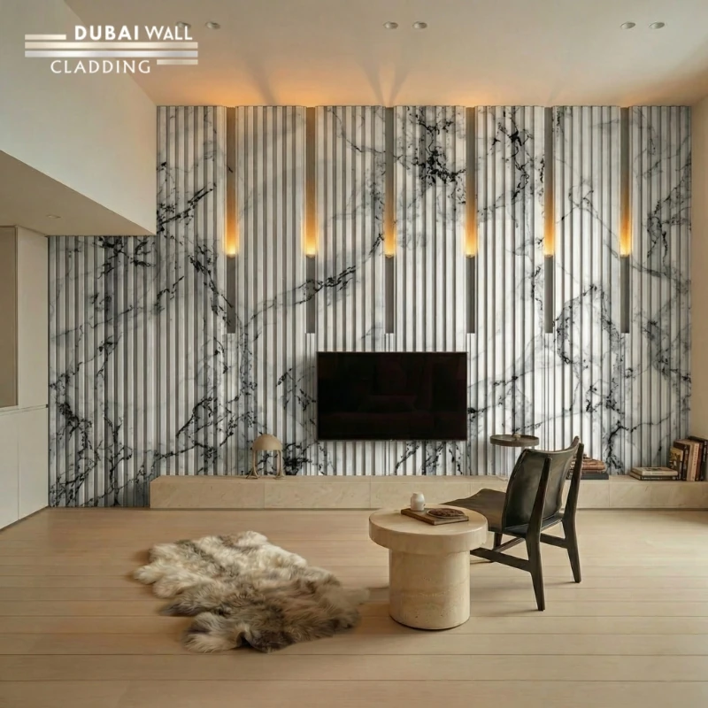 Modern luxury living room featuring bright white marble PVC cladding on the wall
