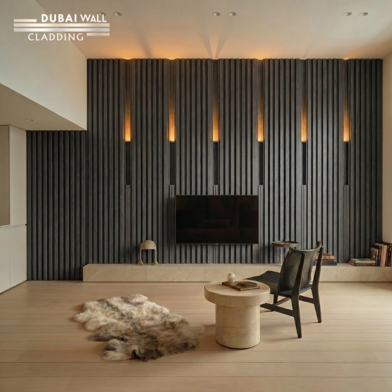 Minimalist living room featuring a matte black fluted PVC cladding feature wall