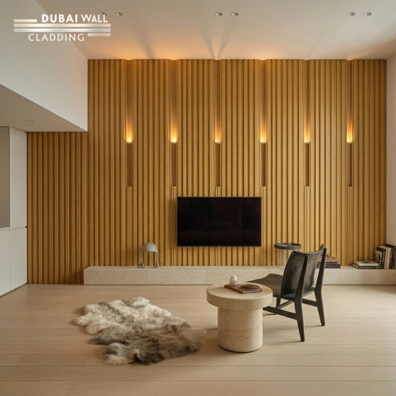 Traditional living room featuring teak wood grain PVC cladding on the wall