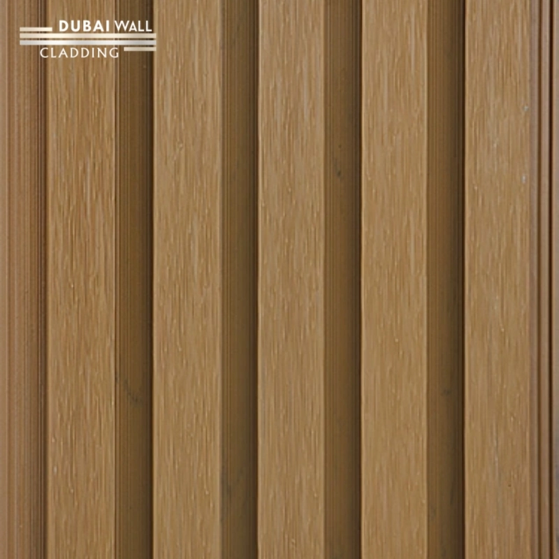 Close up macro detail of straight grain teak wood PVC cladding