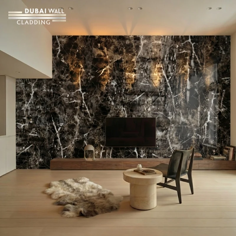 Modern VIP living room featuring exotic onyx marble PVC cladding on the feature wall