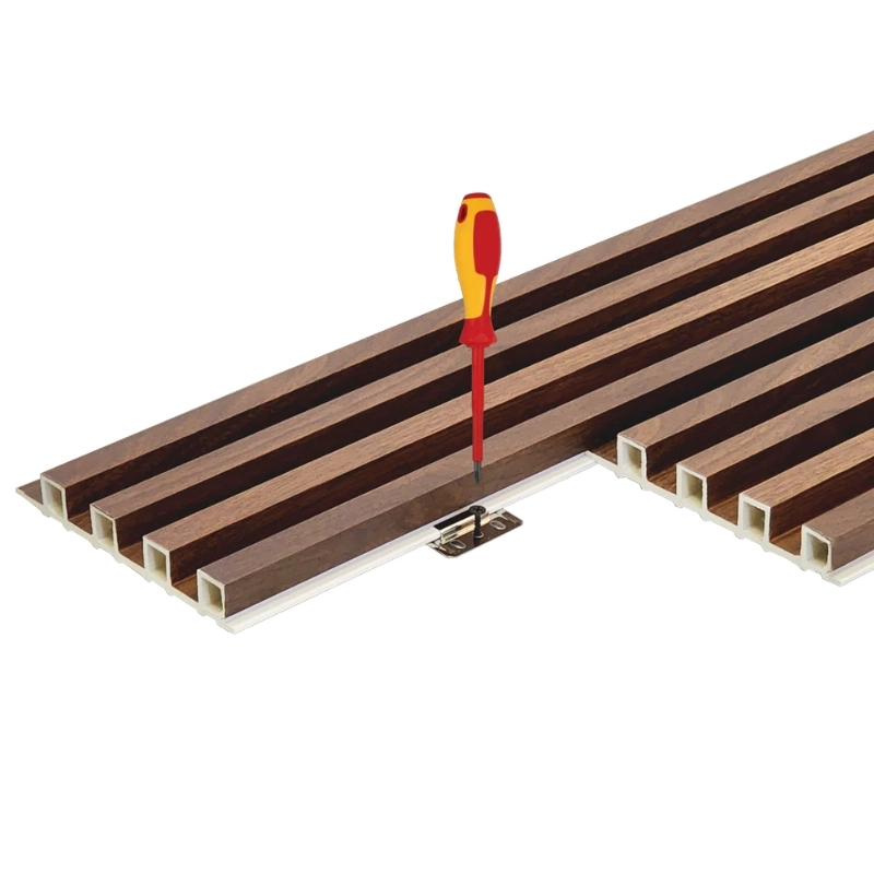 Modern luxury living room feature wall using walnut brown PVC cladding