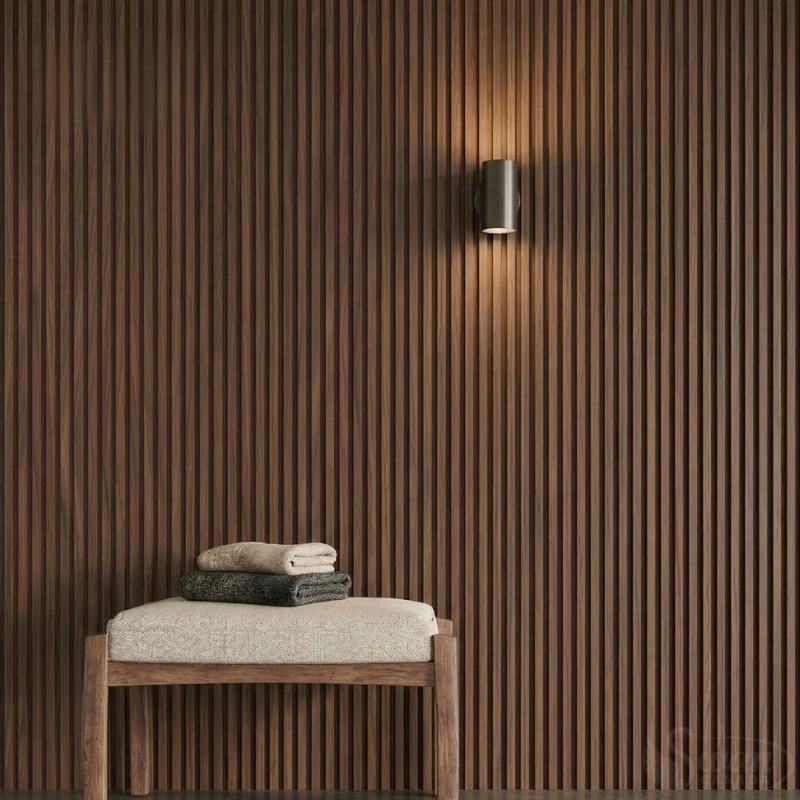 Front view of dark walnut brown PVC wall cladding for luxury interiors