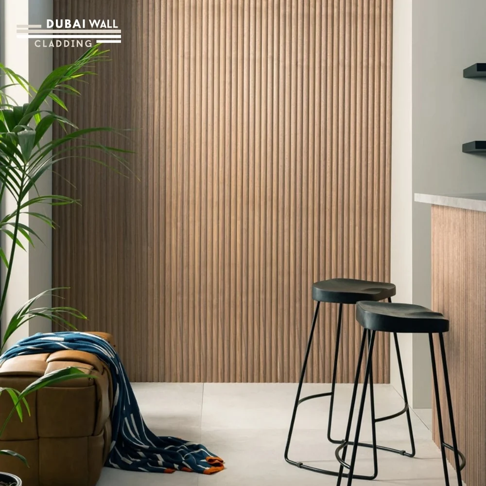 Walnut reeded panel room installation.