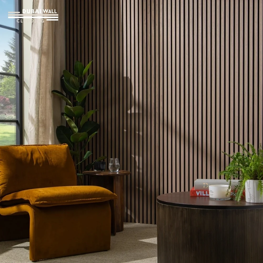 Walnut slat wall panel installation.