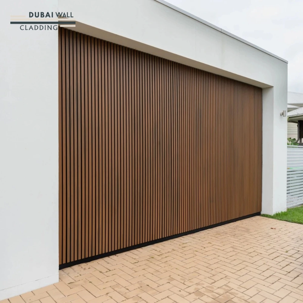Teak cladding exterior facade installation.