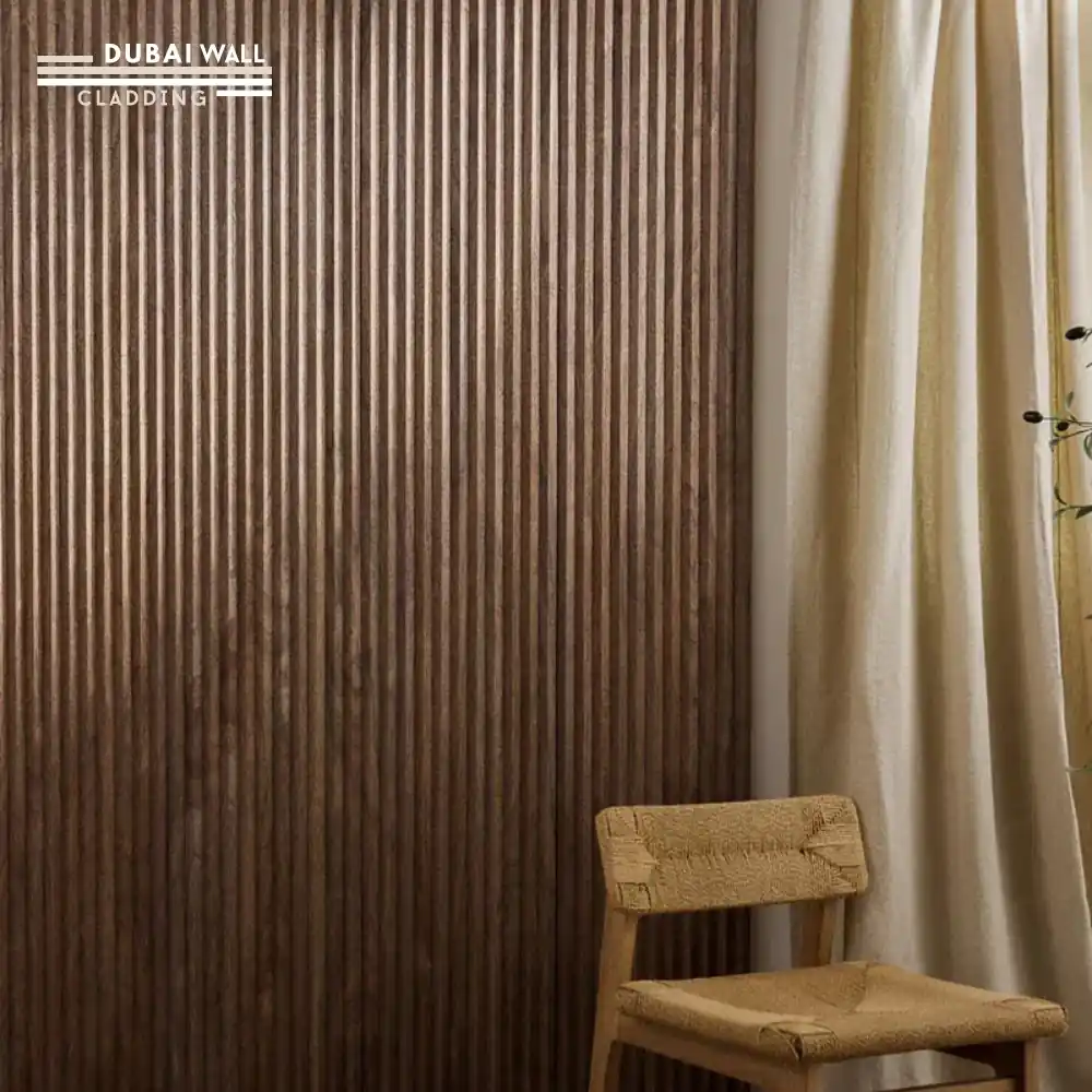 Installed curved zigzag walnut wall