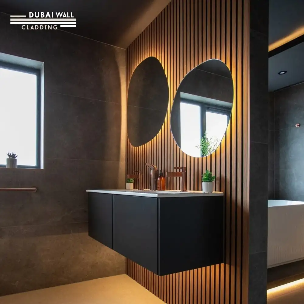 Installed dark walnut slat wall