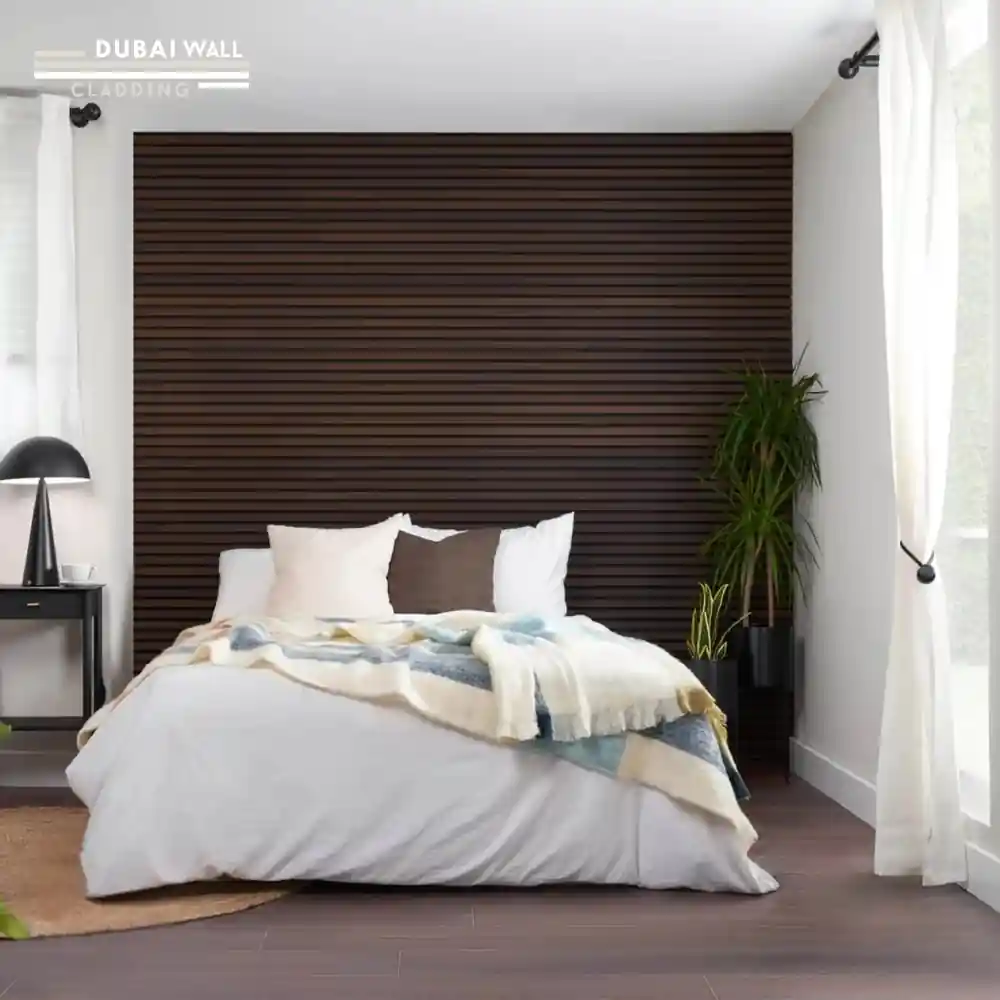 Installed smoked oak slat wall