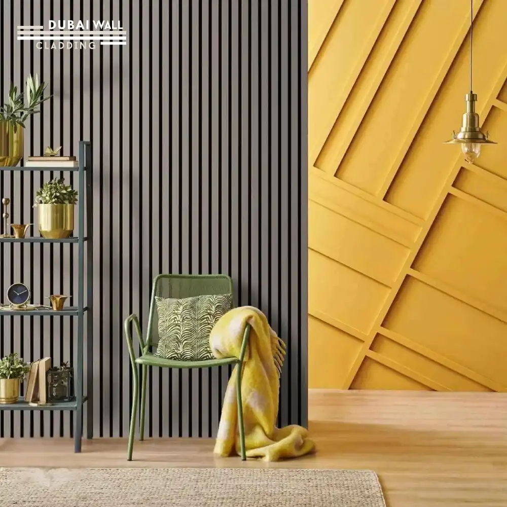 nstalled grey acoustic slat wall