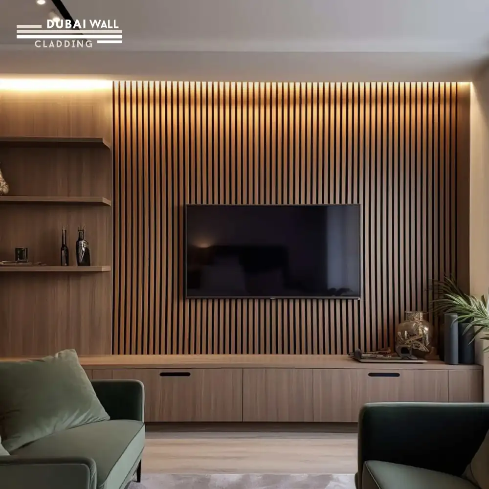Installed natural oak slat wall