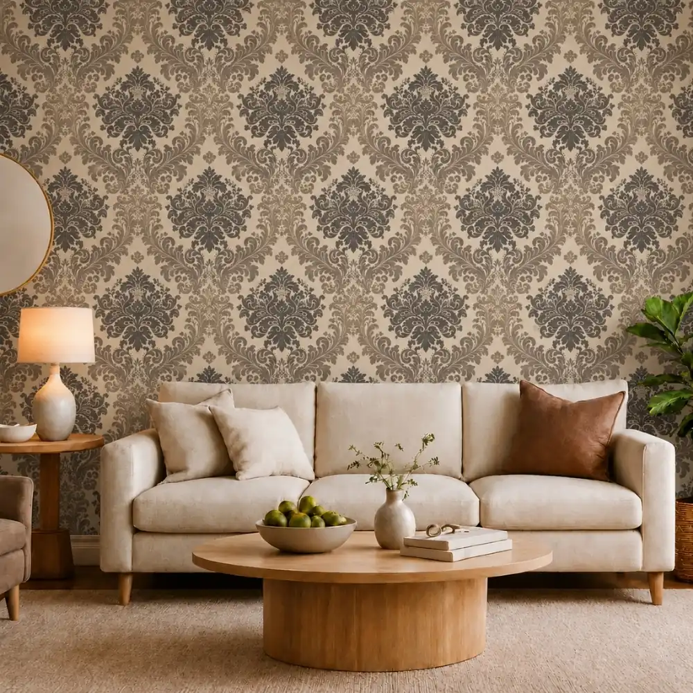Chocolate Brown Damask wallpaper room preview