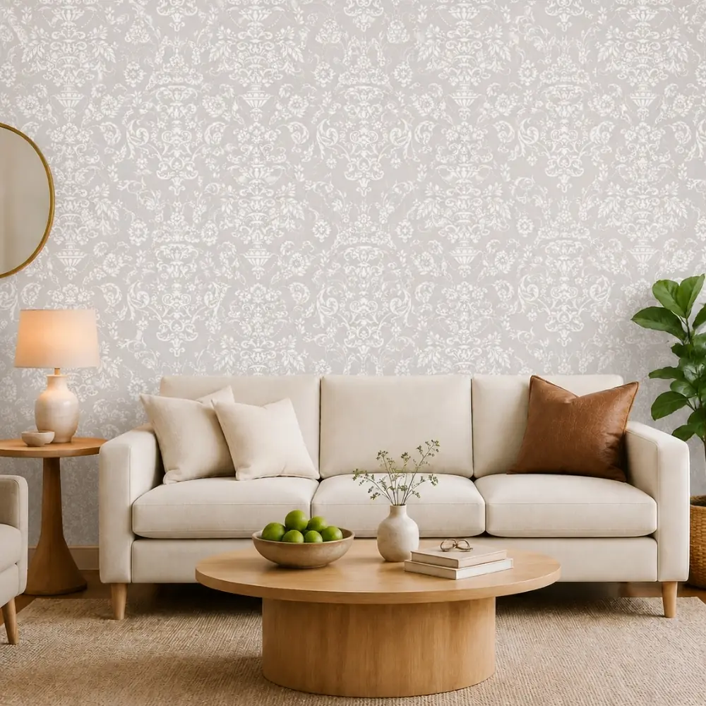 Dove Grey Urn Damask Wallpaperroom preview