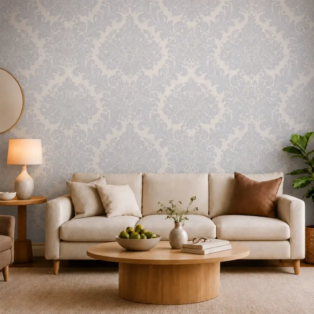 Silver Grey Classic & Powder Blue Damask Wallpaperroom preview