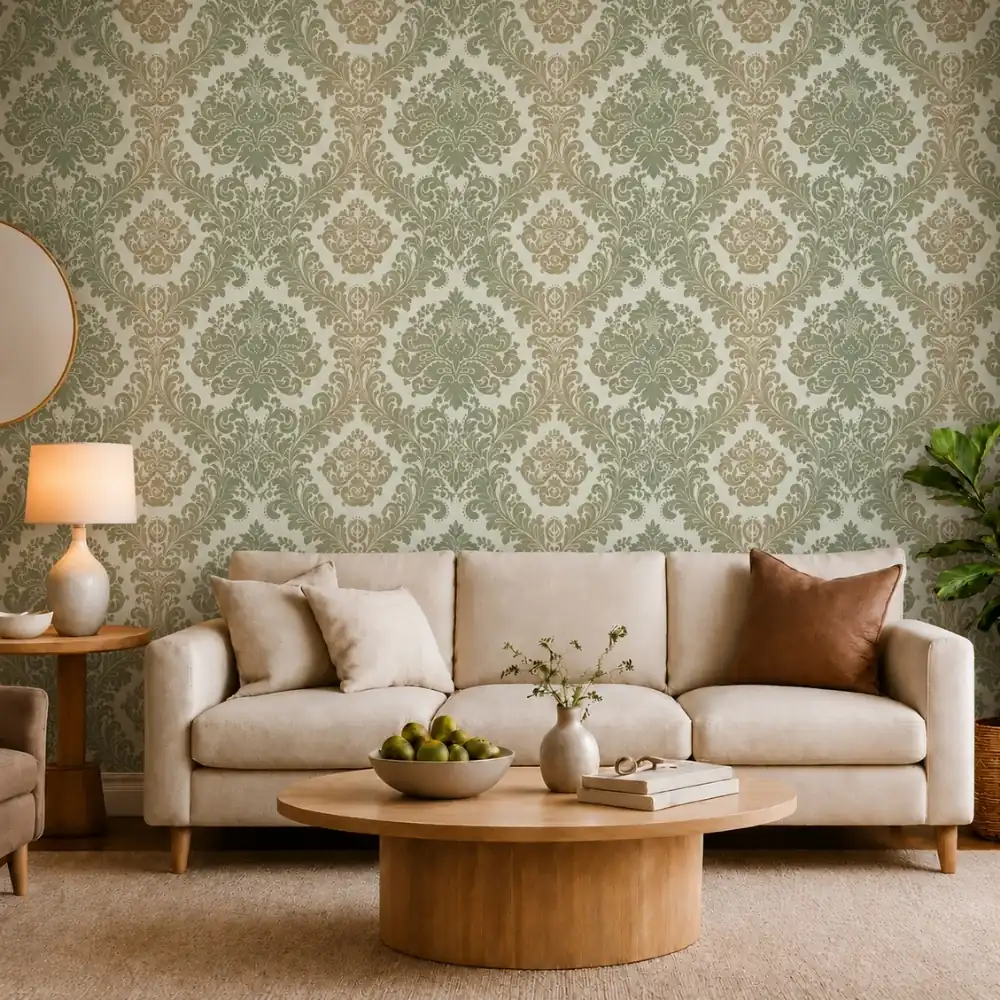 Mint Classic & Sage Green Damask wallpaper room preview
