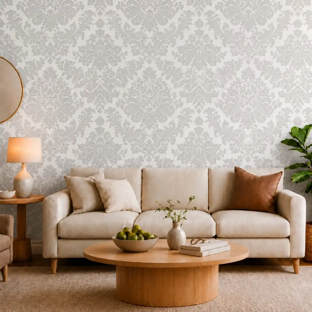 Silver Grey Damask wallpaper room preview