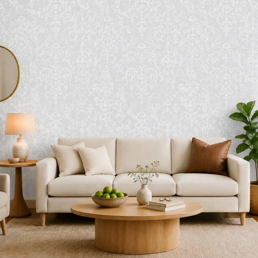 Sky Blue Urn Damask wallpaper room preview