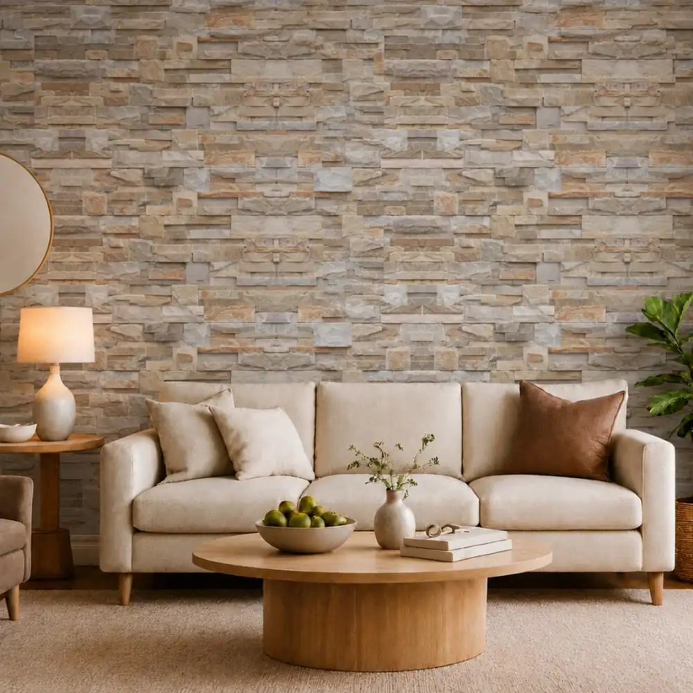 Stone effect wallpaper hallway wall