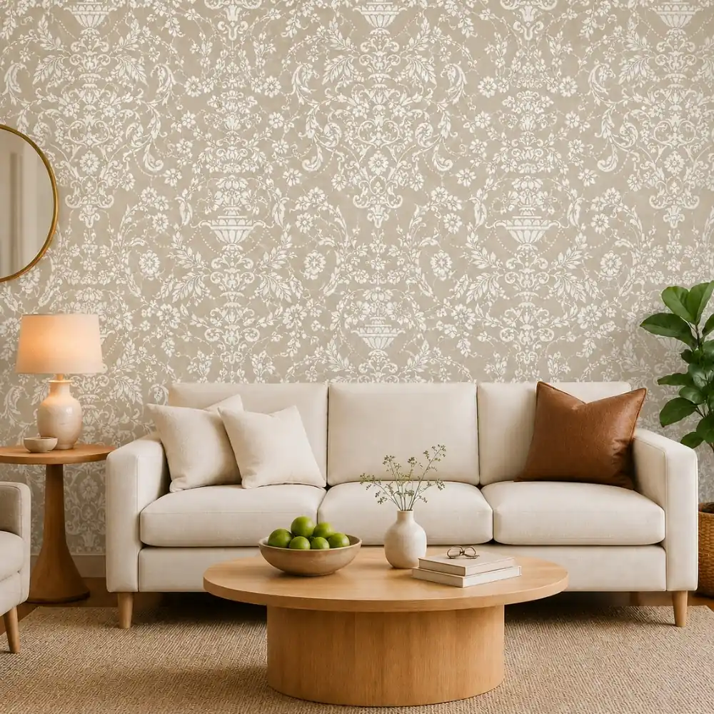 Taupe Urn Damask wallpaper room preview
