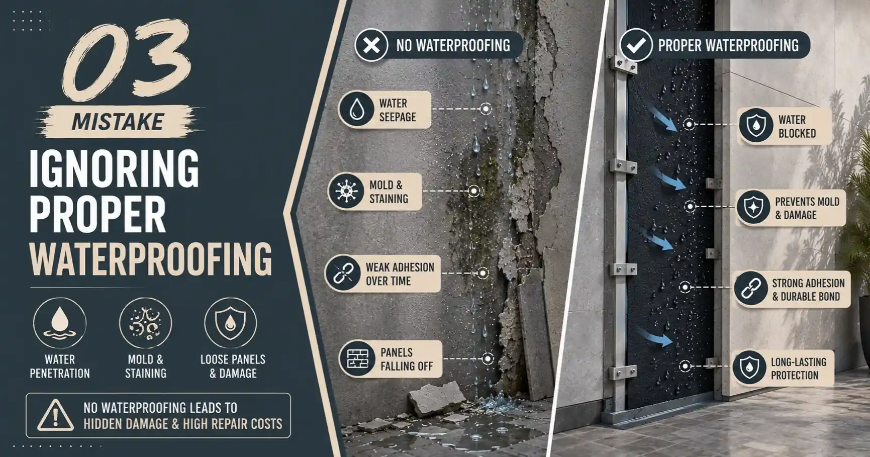 7 Common Wall Cladding Installation Mistakes to Avoid in Dubai 5 Mistake 3 Ignoring Proper Waterproofing