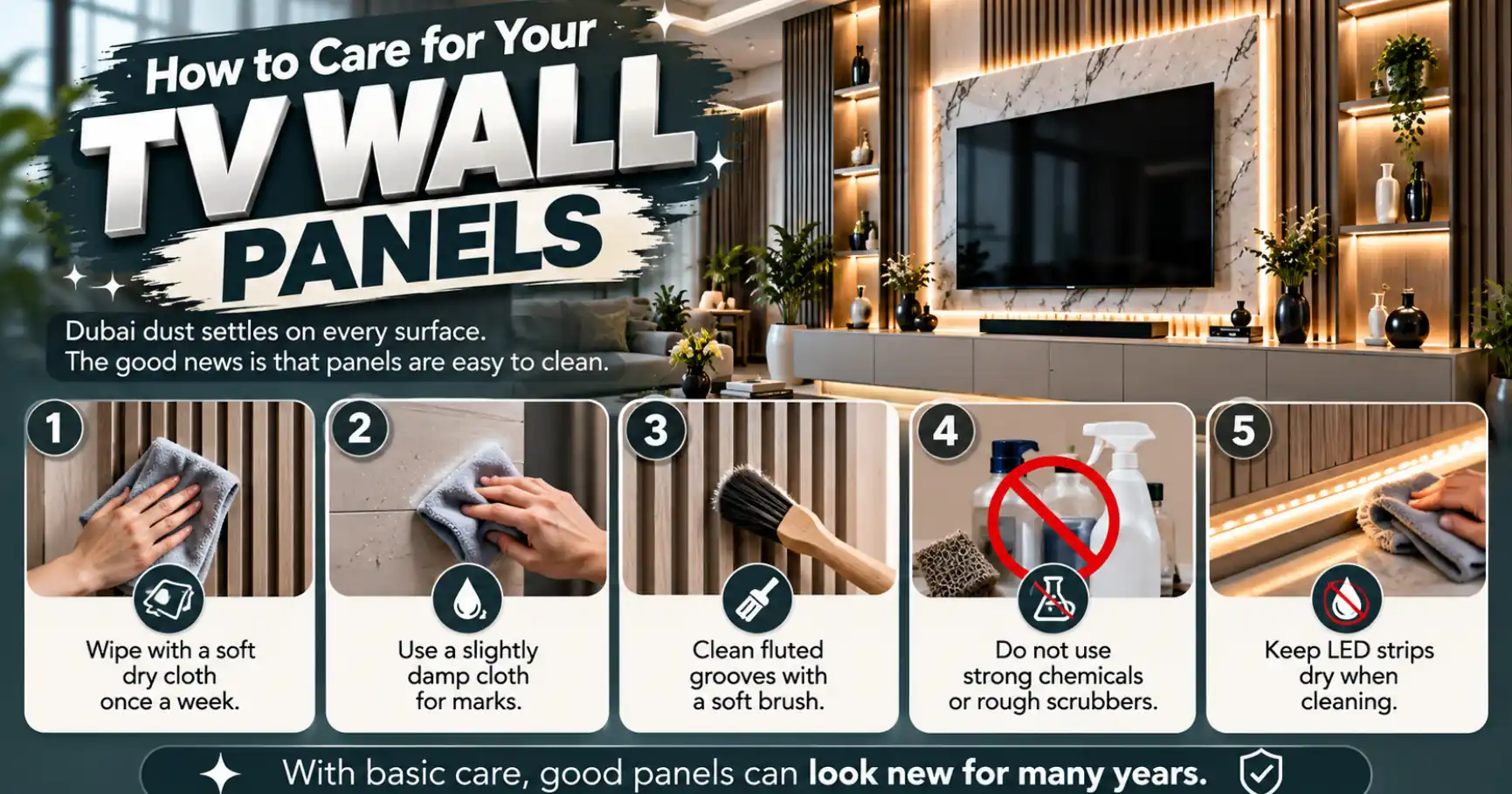 TV Wall Panel Design Ideas for Dubai Homes 12 How to Care for Your TV Wall Panels