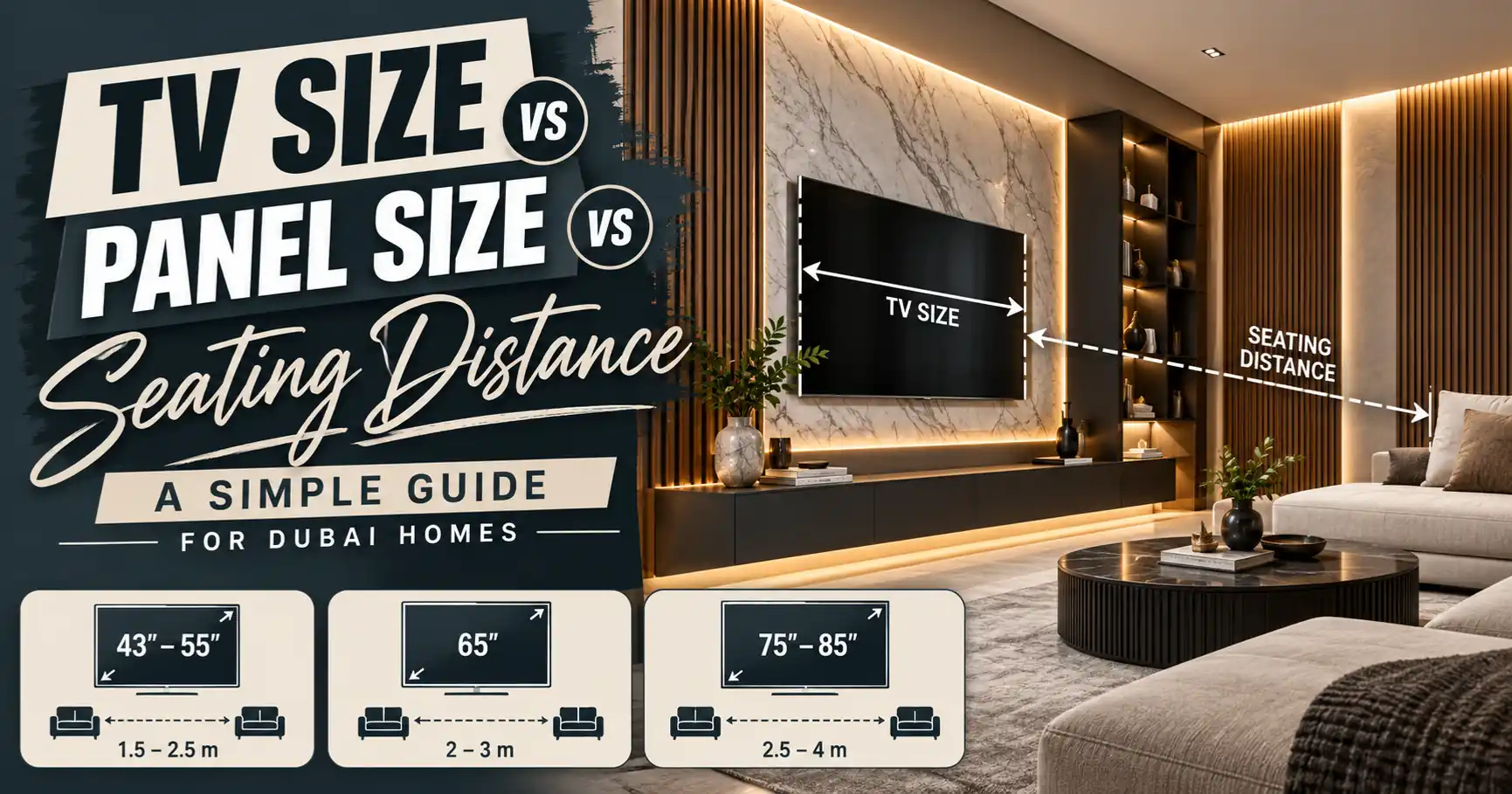 TV Wall Panel Design Ideas for Dubai Homes 5 TV Size vs Panel Size vs Seating Distance